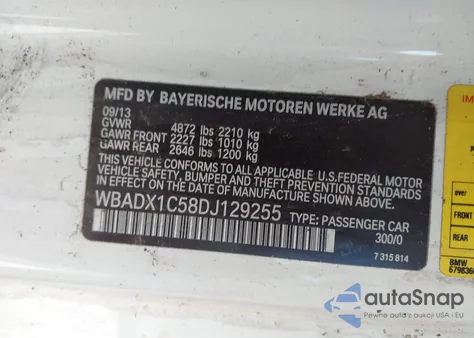 2013 BMW 335Is z USA, uszkodzony, nr VIN WBADX1C58DJ129255